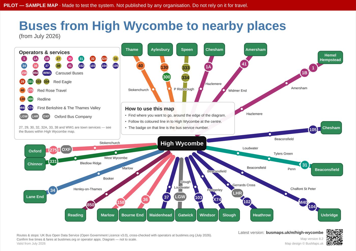 Diagram of bus routes from High Wycombe to nearby towns