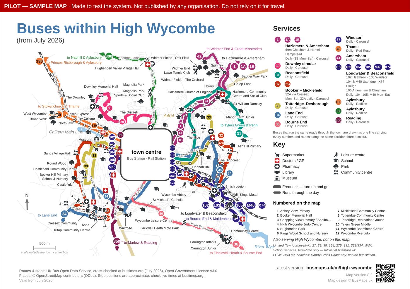 Geographic map of the buses within High Wycombe