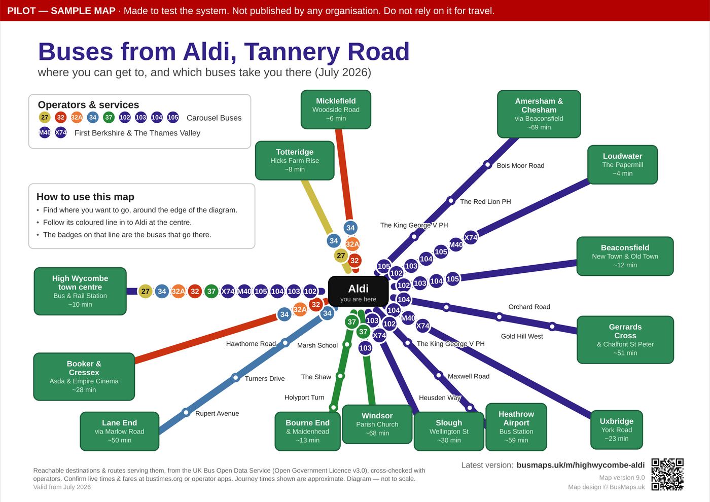 Diagram of where you can travel by bus from Aldi, High Wycombe