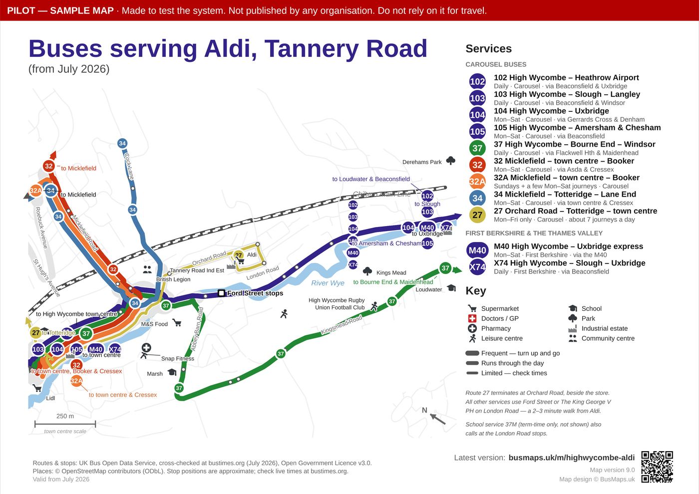 Map of the bus stops around the Aldi store on Tannery Road, High Wycombe