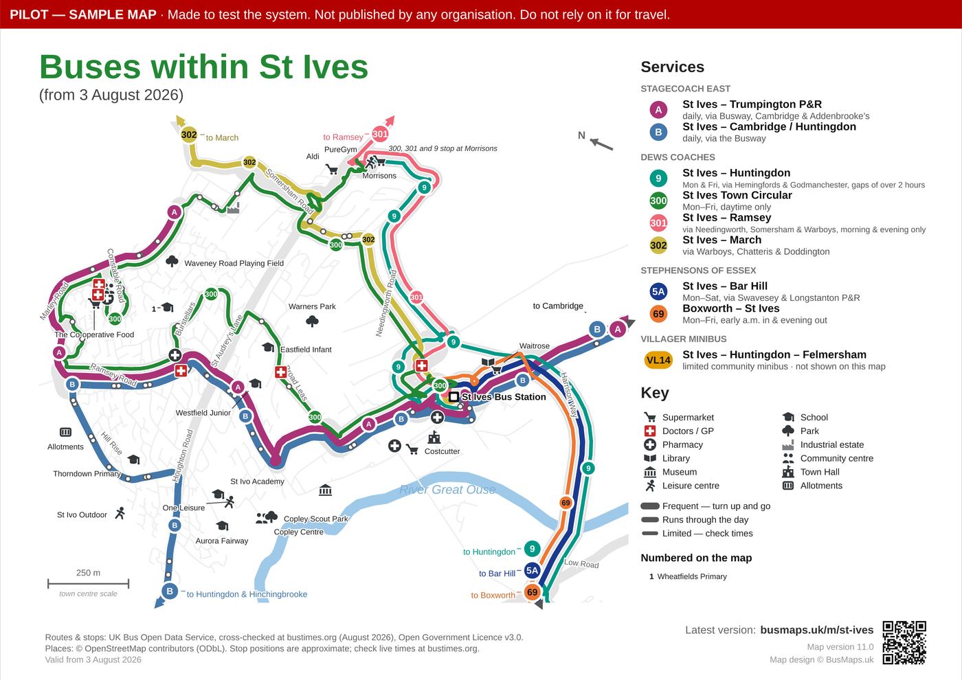 An example printed bus map showing the routes within St Ives, with colour-coded services, stops and local landmarks.