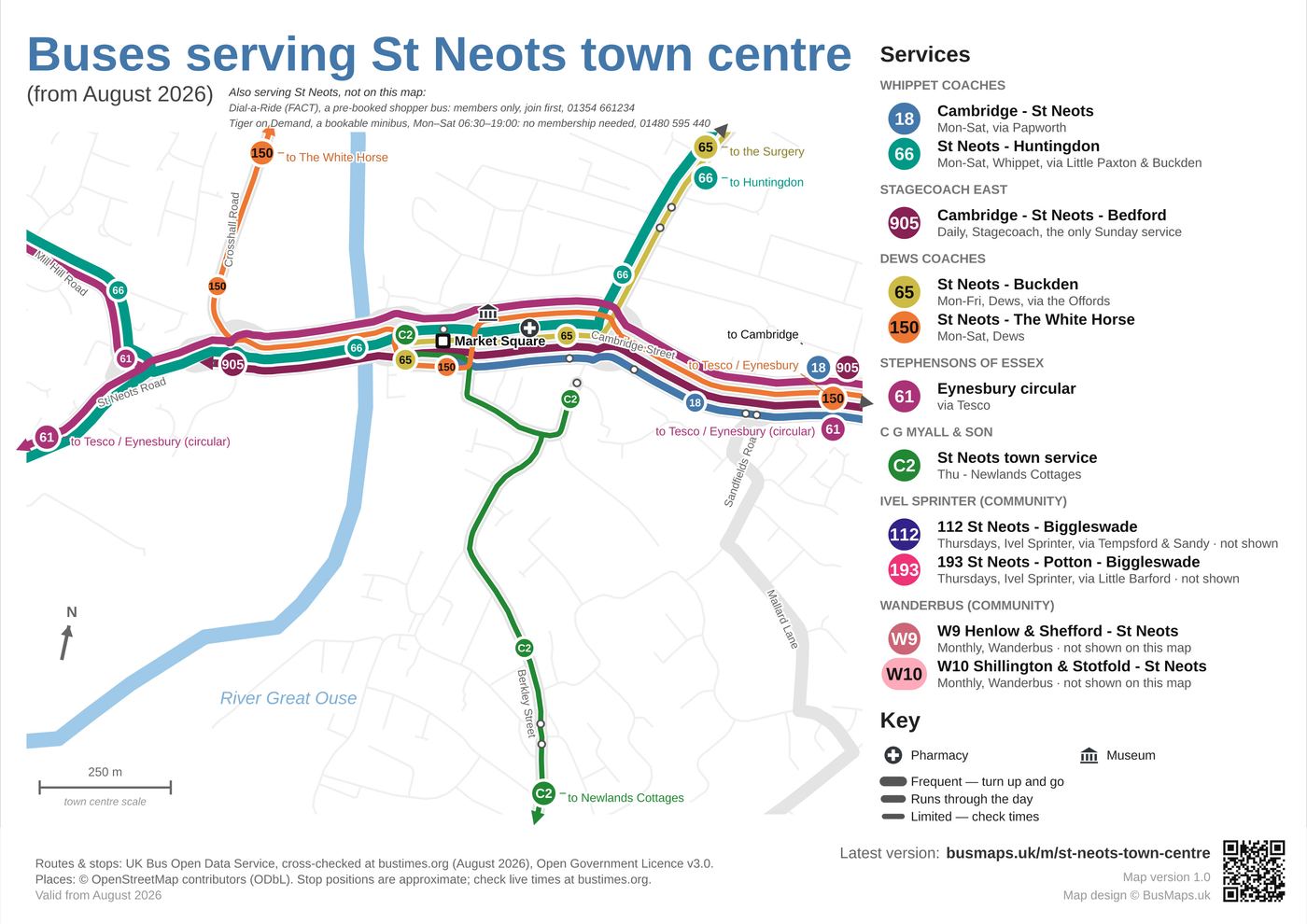 Map of the buses serving St Neots town centre
